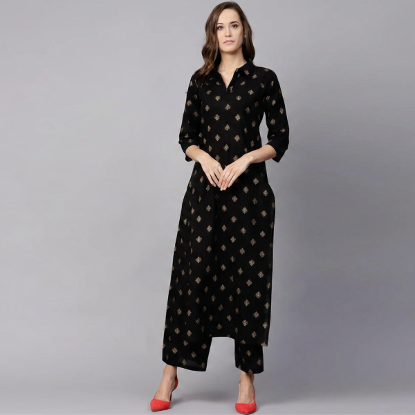 Classic Black & Gold Co-ord Kurta Set with Foil-Printed Motifs