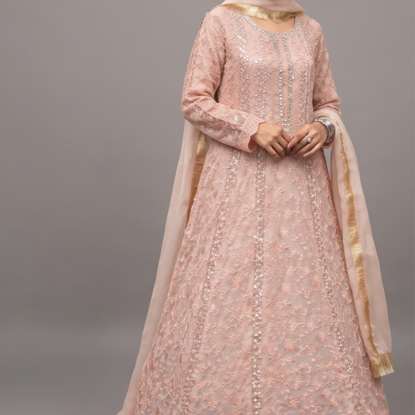 Baby Pink Embroidered Anarkali with Chiffon Dupatta