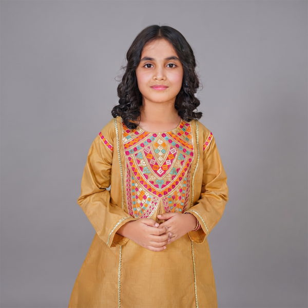Mustard Gold Multicolor Embroidered Girls’ Suit