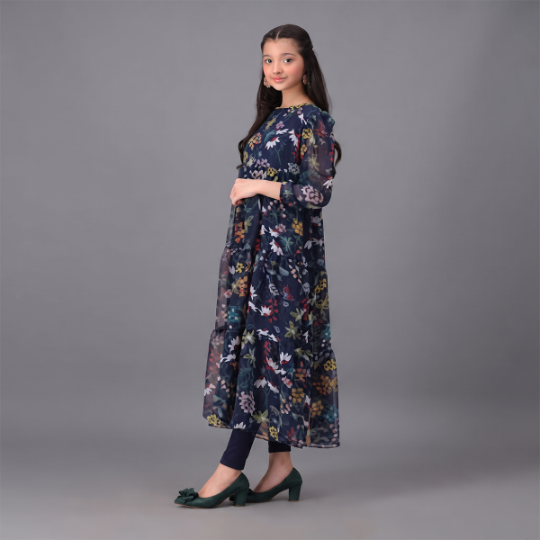 Navy Blue Floral Tiered Chiffon Suit