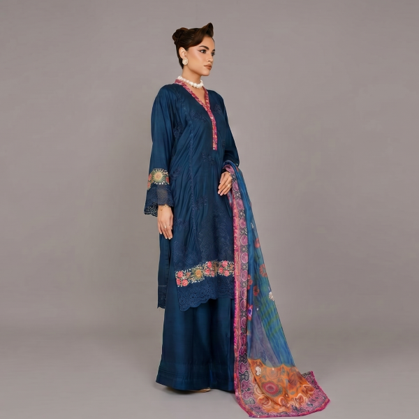Deep Blue Floral Embroidered Lawn Coordinate Set