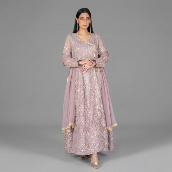 Elegant Mauve Embellished Anarkali Suit Set – 3-Piece Festive