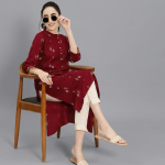 Regal Maroon & Gold Printed Kurta with Tailored Beige Trousers