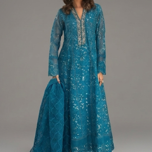 Blue Embellished A-Line Kurta