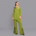 Lime Zest Asymmetric Tunic and Bell-Bottom Set with Black Vine Embroidery