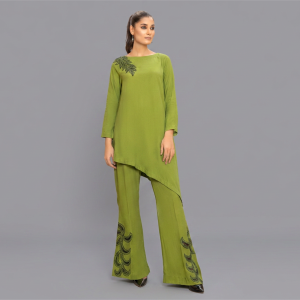 Lime Zest Asymmetric Tunic and Bell-Bottom Set with Black Vine Embroidery