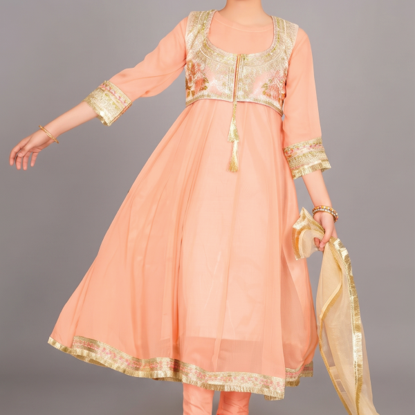 Peach Blossom Embellished Kids 3-Piece Anarkali Suit