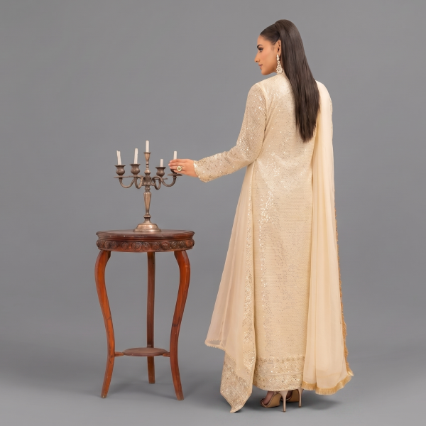 Manahil Embroidered Ivory Gold 3-Piece Festive Anarkali Set