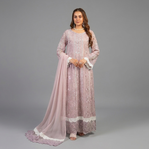 Mauve Embroidered A-Line Ensemble