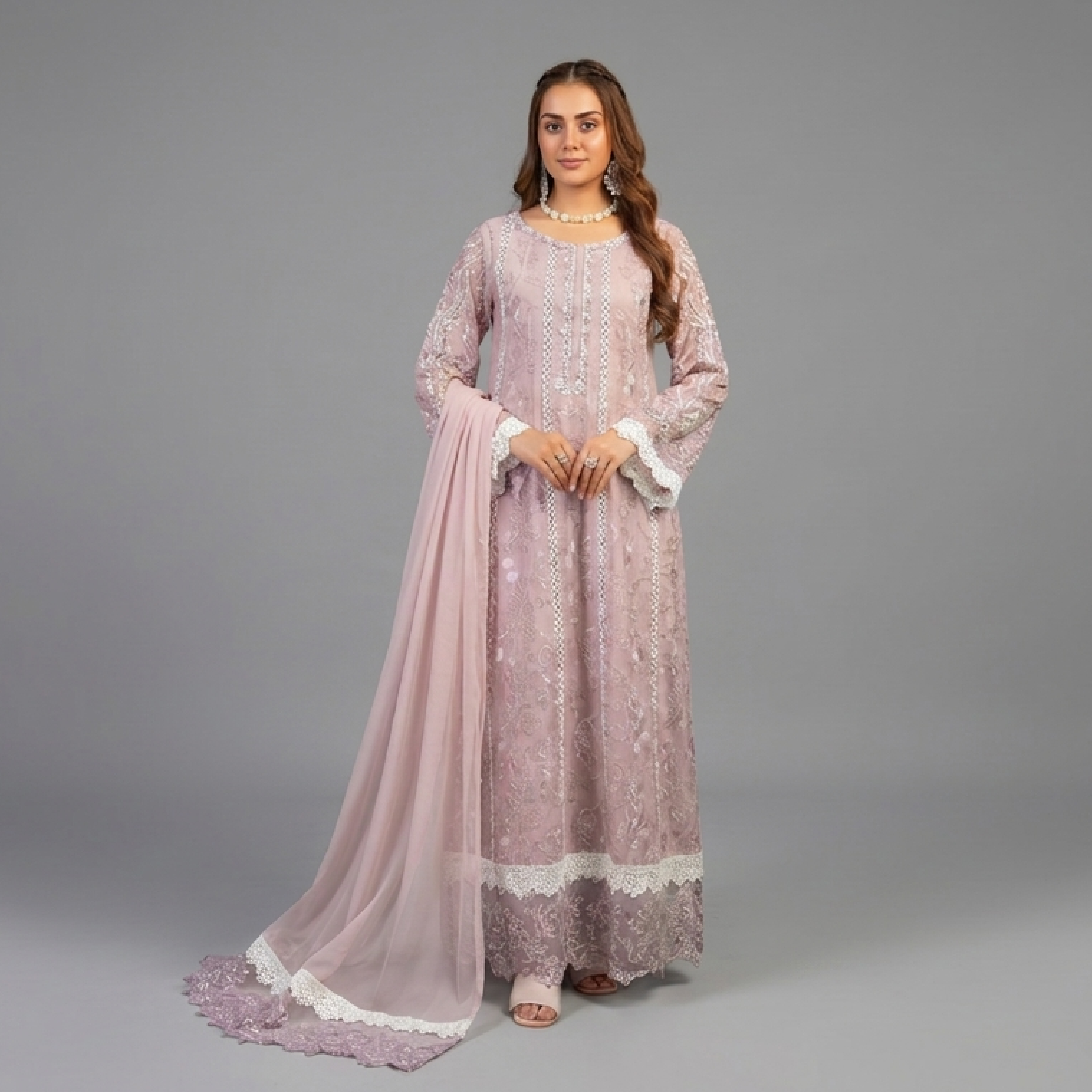 Mauve Embroidered A-Line Ensemble
