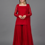 Crimson Red Minimalist Chiffon Co-ord Set with Pleated Gharara