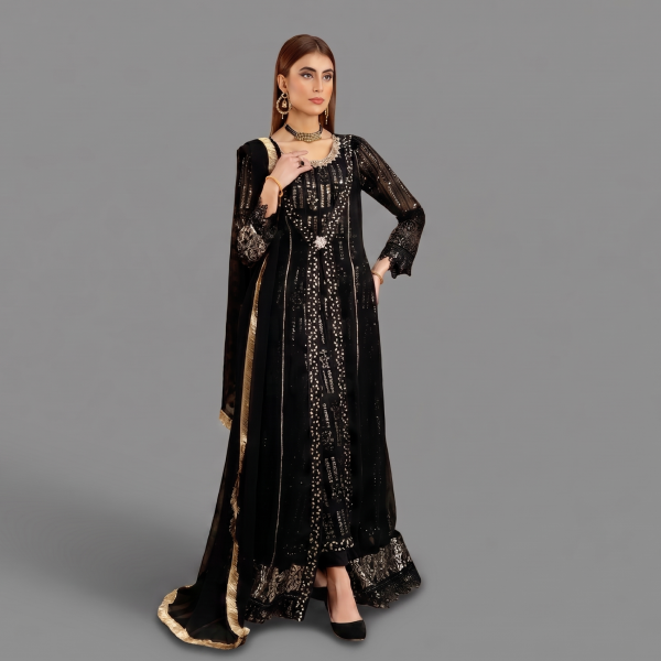 Manahil Shimmering Crimson Black 3-Piece Festive Sequin Gown Set