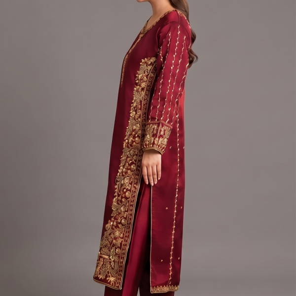 Deep Maroon Embellished Kurta with Matching Trousers