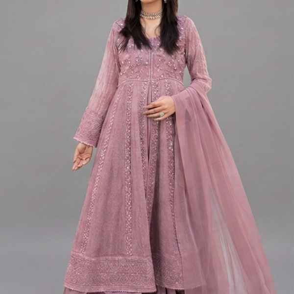 Peach Minimalist Embroidered Organza Co-ord Set