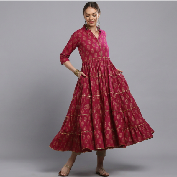 Pink Block-Printed Tiered Maxi Dress
