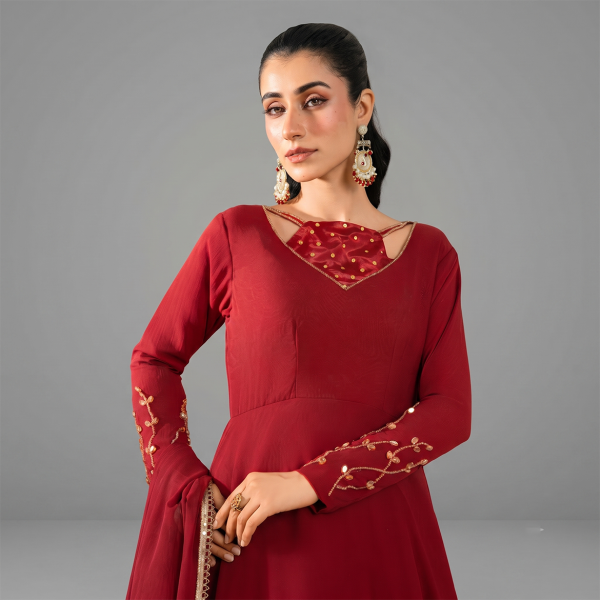 Crimson Red Embroidered Floor-Length Suit