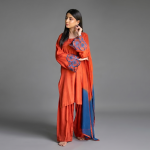 Elegant Rust-Orange Embroidered Co-ord Set with Contrast Blue Dupatta
