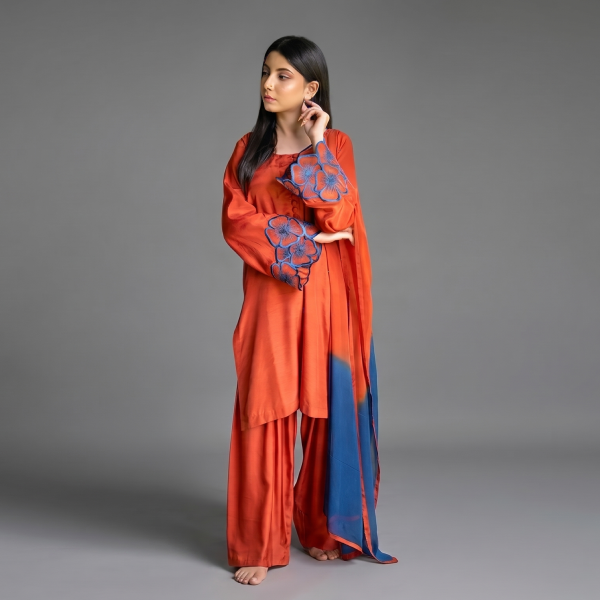 Elegant Rust-Orange Embroidered Co-ord Set with Contrast Blue Dupatta