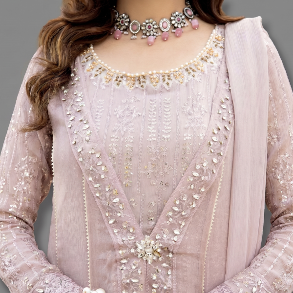 Manahil Embroidered Lilac Blush 3-Piece Festive Organza Gown Set