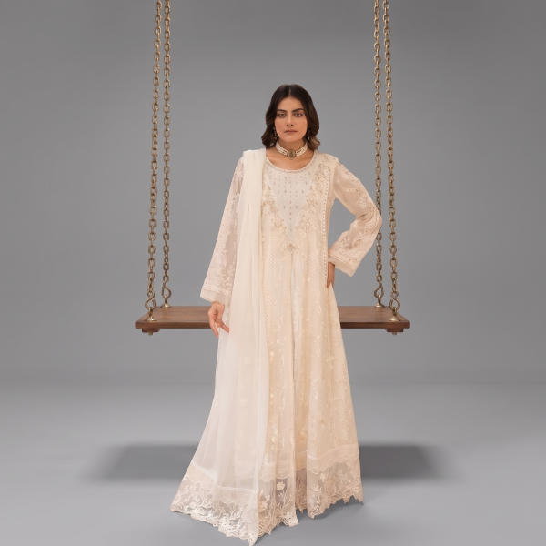 Manahil Embroidered Pearl Ivory 3-Piece Organza Festive Maxi Suit