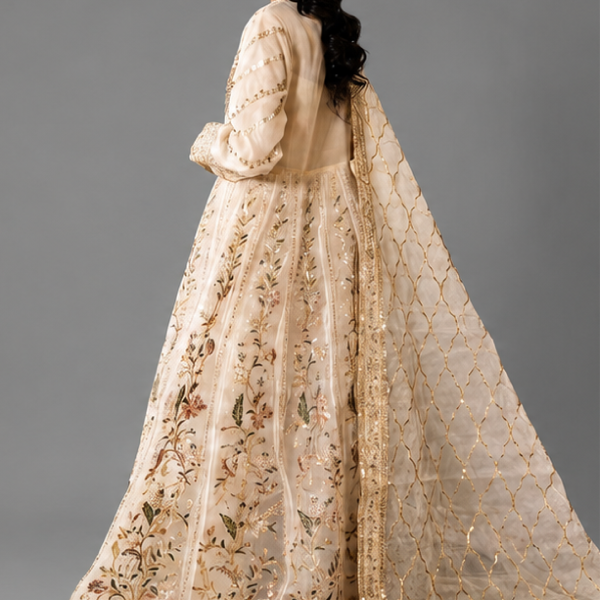 Gold Minimalist Embellished Organza Anarkali Set