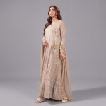 Manahil Embroidered Camel Brown 3-Piece Festive Kalidaar Set