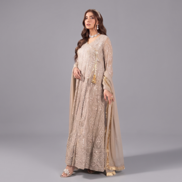 Manahil Embroidered Camel Brown 3-Piece Festive Kalidaar Set