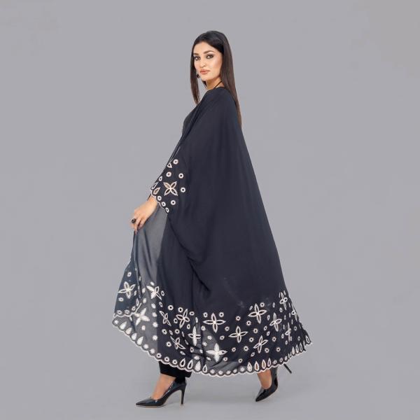 Onyx Midnight Abaya-Style Cape with Starburst Silver Embroidery