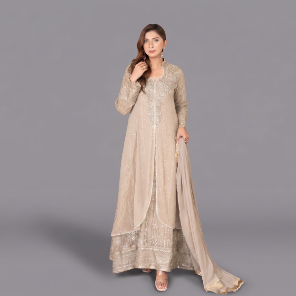Manahil Embroidered Beige-Taupe  Festive Anarkali Set