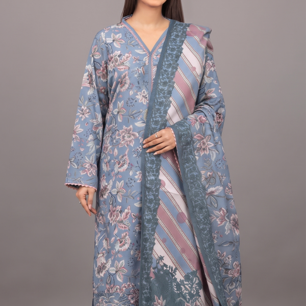 Grey Floral Embroidered Lawn Co-ord Set with Striped Dupatta