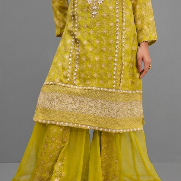 Lime Green Minimalist Embroidered Gharara Set