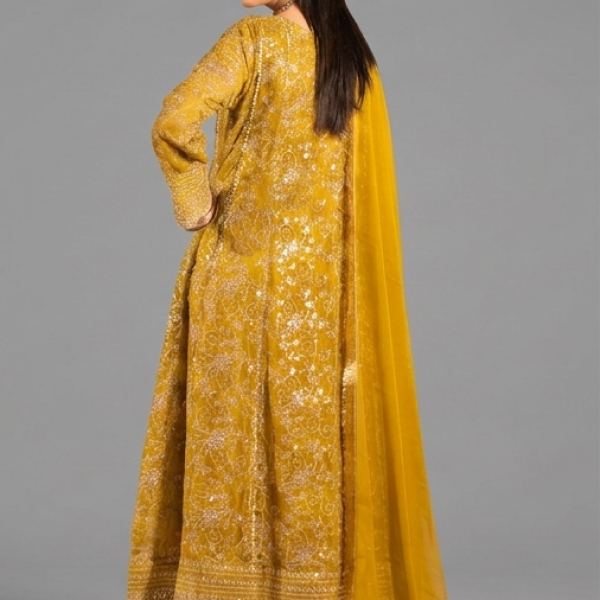 Mustard Minimalist Embroidered Anarkali Set