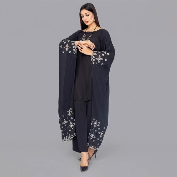 Onyx Midnight Abaya-Style Cape with Starburst Silver Embroidery