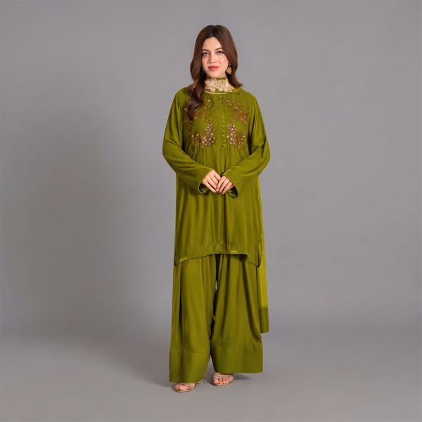 Olive Green Embellished Tunic and Trouser Set