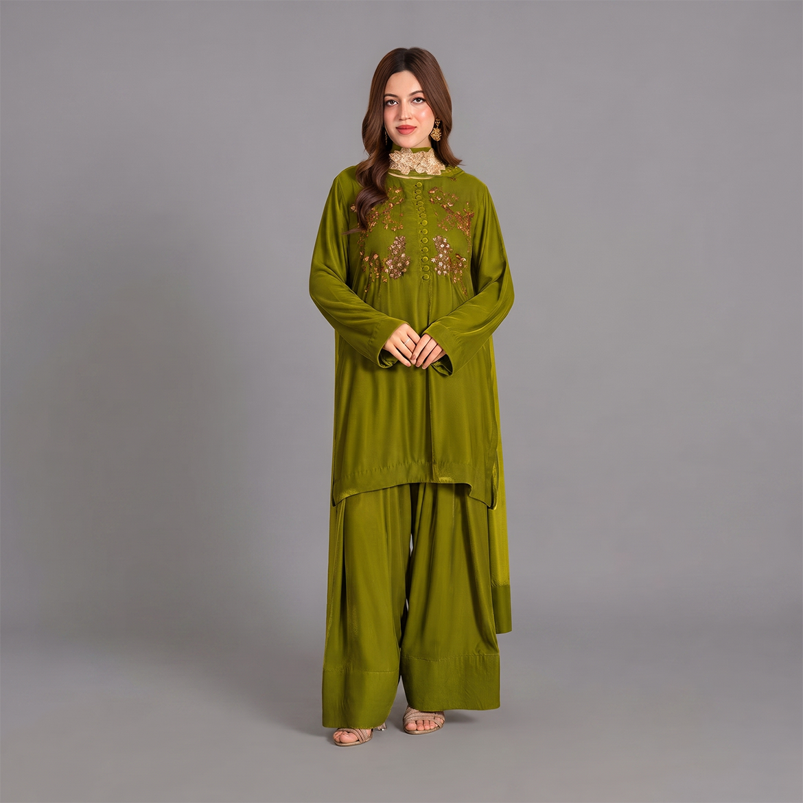 Olive Green Embellished Tunic and Trouser Set