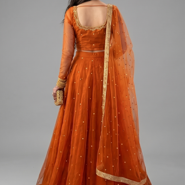 Rust Orange Minimalist Organza Anarkali Set with Gold Border