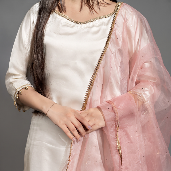 Off-White and Pink Embroidered Kurti with Matching Trousers