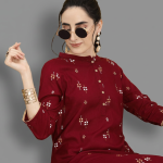Regal Maroon & Gold Printed Kurta with Tailored Beige Trousers