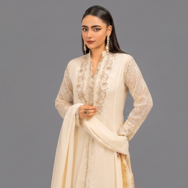 Manahil Embroidered Ivory Gold 3-Piece Festive Anarkali Set
