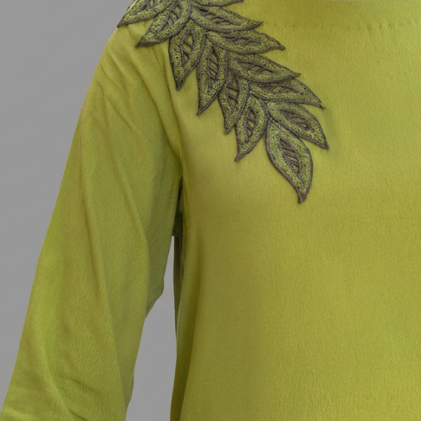 Lime Zest Asymmetric Tunic and Bell-Bottom Set with Black Vine Embroidery