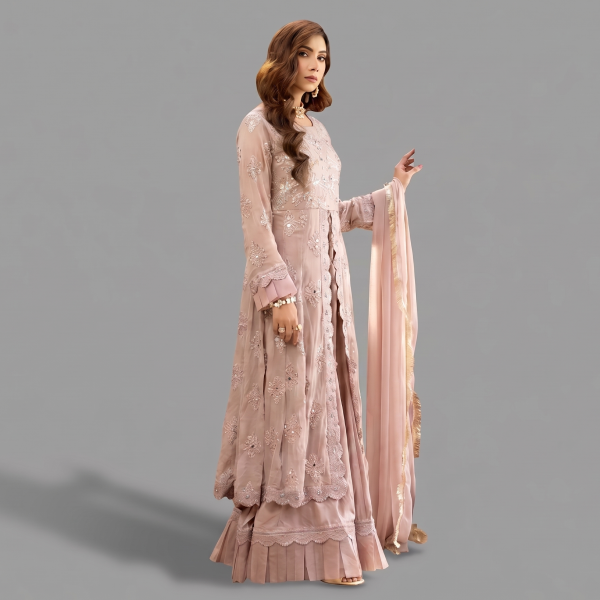 Manahil Embroidered Rose Gold 3-Piece Festive Organza Sharara Set