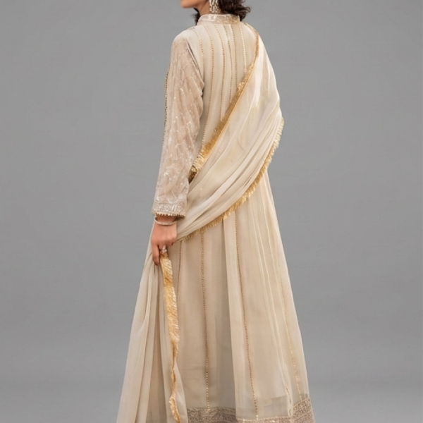 Mauve Minimalist Embroidered Organza Anarkali Set