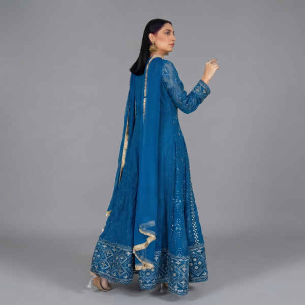 Teal Blue Angrakha-Style Embellished Anarkali Suit Set