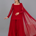 Crimson Red Minimalist Chiffon Co-ord Set with Pleated Gharara