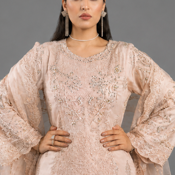 Peach Minimalist Embroidered Organza Co-ord Set