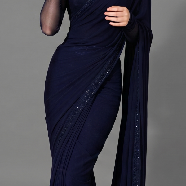 Midnight Navy Minimalist Draped Saree with Sequin Detailing