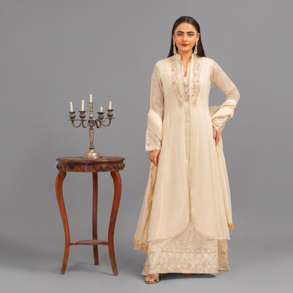 Manahil Embroidered Ivory Gold 3-Piece Festive Anarkali Set