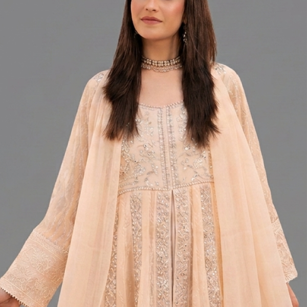 Peach Minimalist Embroidered Organza Co-ord Set