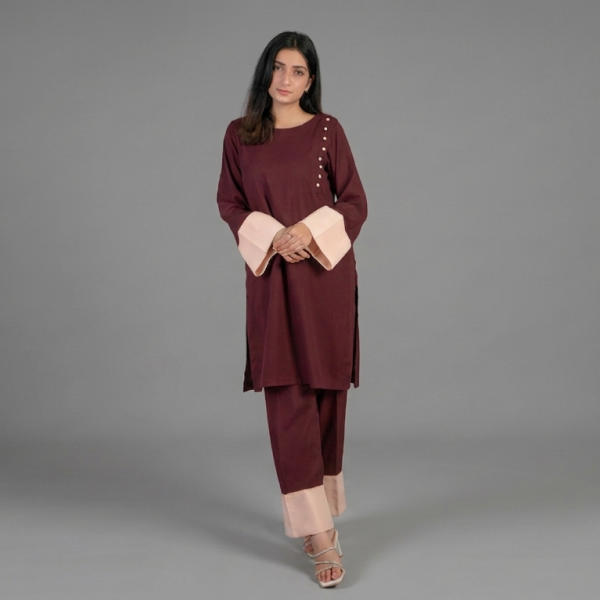 Maroon A-Line Kurta Set with Contrast Peach Cuffs and Button