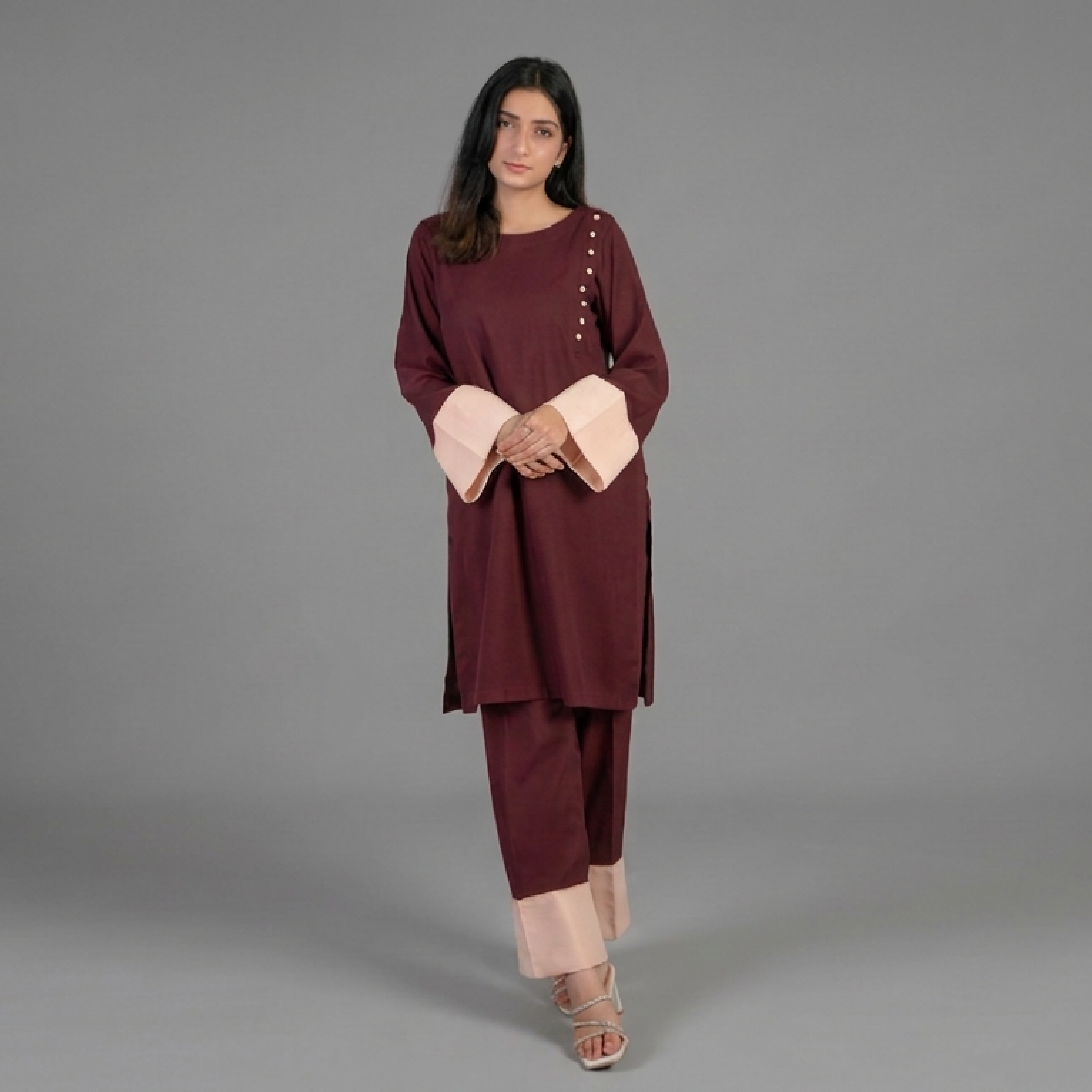 Maroon A-Line Kurta Set with Contrast Peach Cuffs and Button
